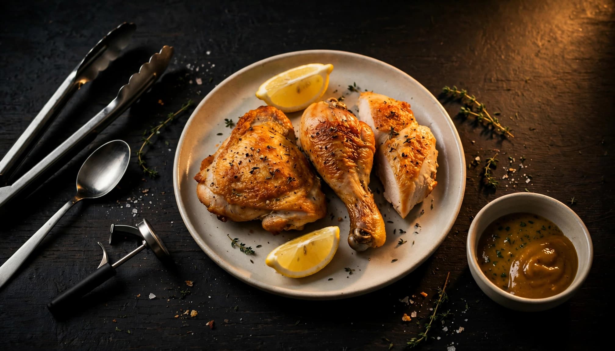 Golden air fryer chicken with lemon, sauce, a thermometer, and serving utensils on a dark table.