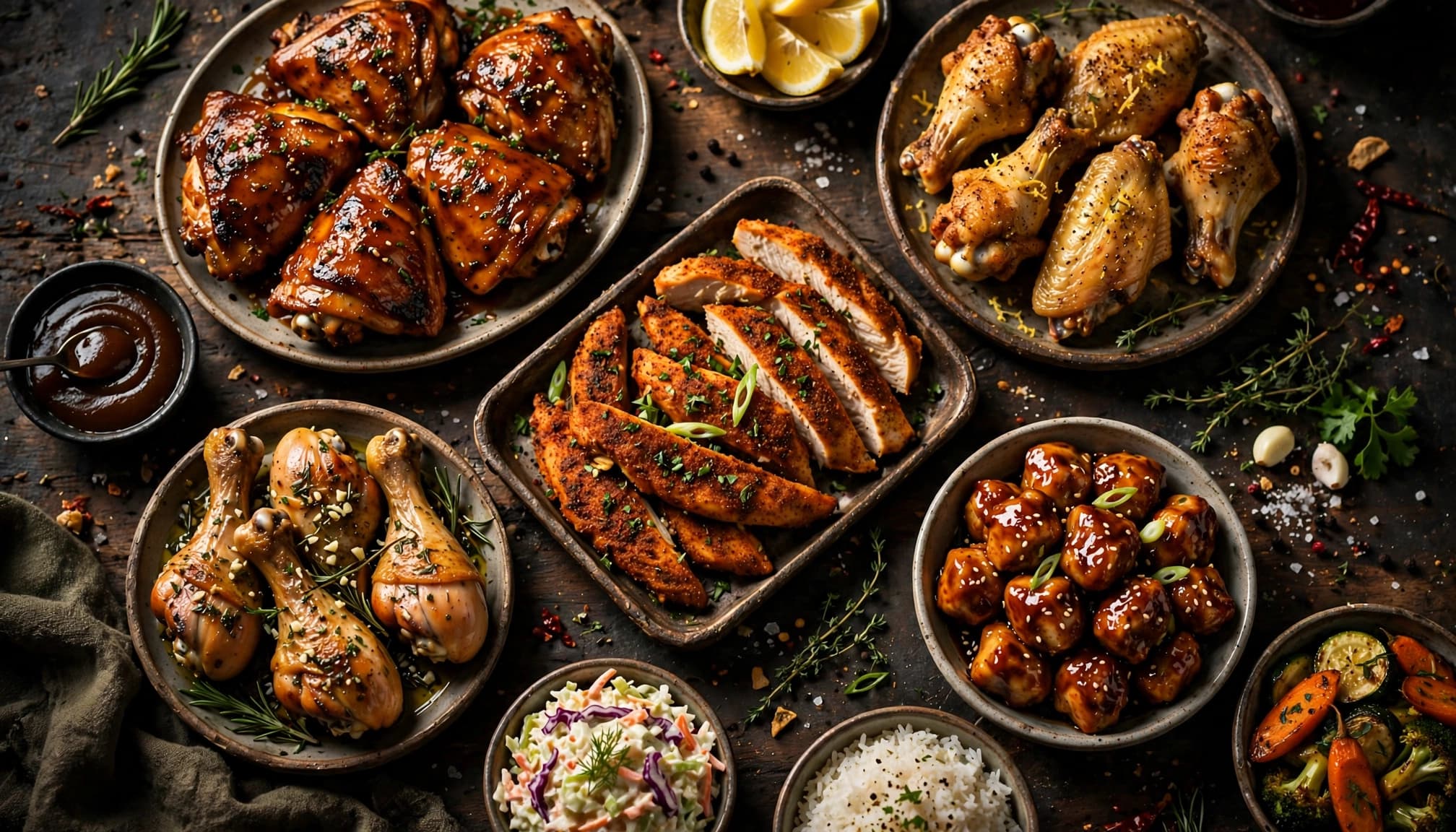 Five air fryer chicken dishes arranged with sauces, rice, slaw, and roasted vegetables.