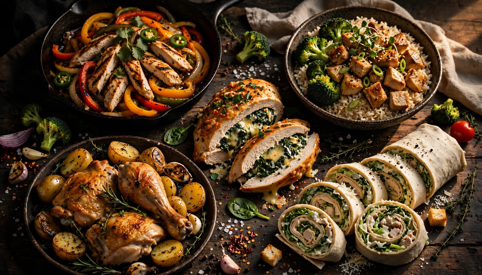 Five air fryer chicken dinners with vegetables, rice, potatoes, and Caesar wrap filling on a dark table.