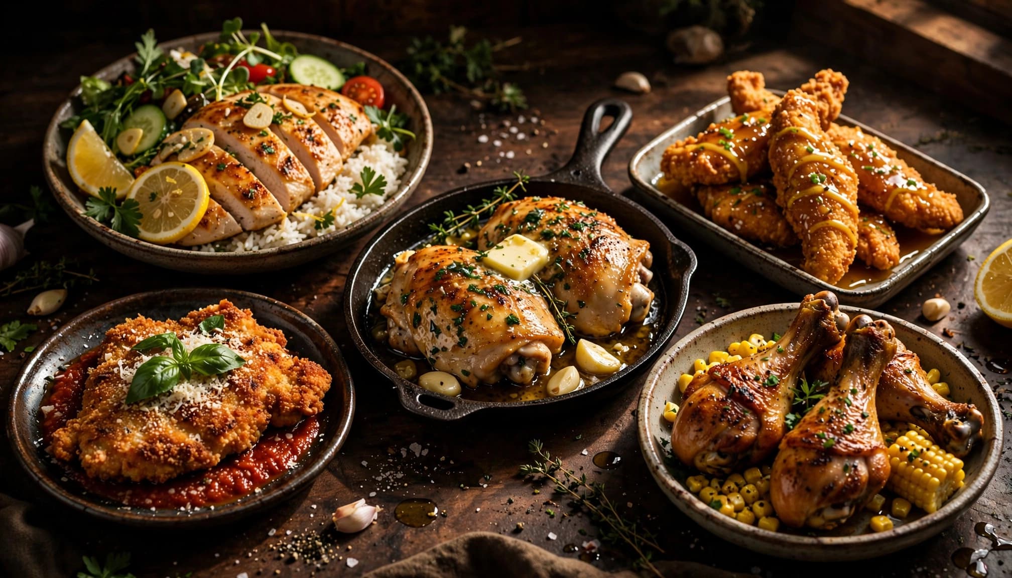 Five golden chicken dinners with rice, salad, marinara, vegetables, and dipping sauce.