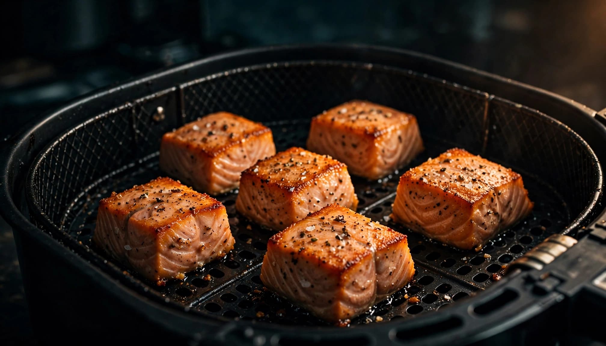 Spaced salmon cubes with crisp edges in a black air fryer basket.