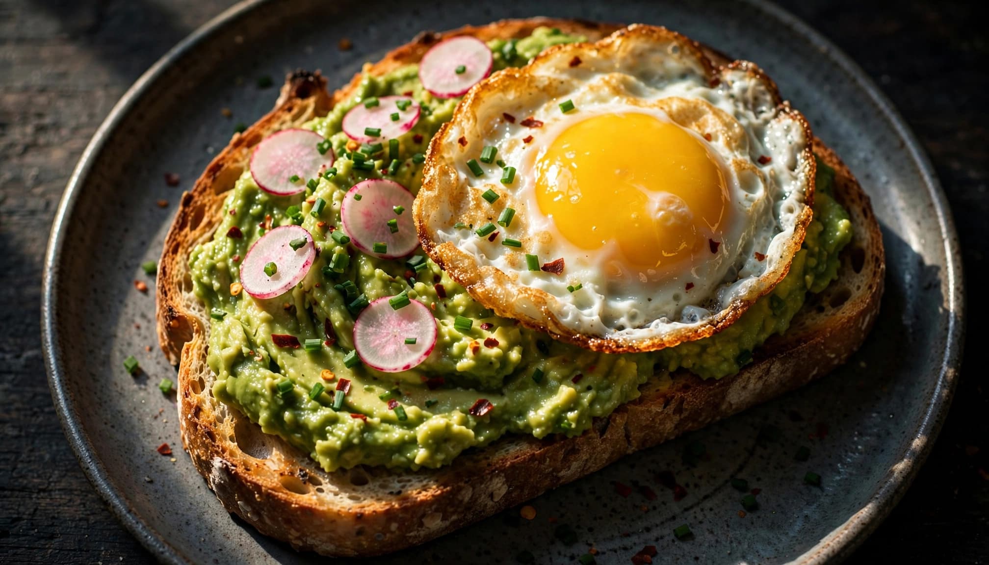 Avocado toast with a fried egg, radish, chili flakes, and chives on a ceramic plate.