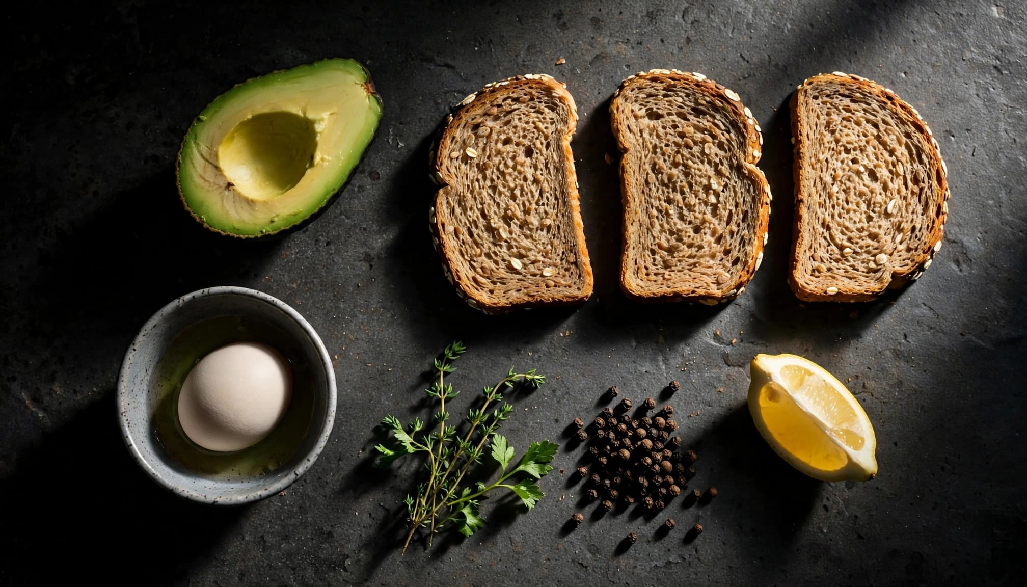 Avocado, bread, egg, lemon, pepper, and herbs arranged on a dark counter.