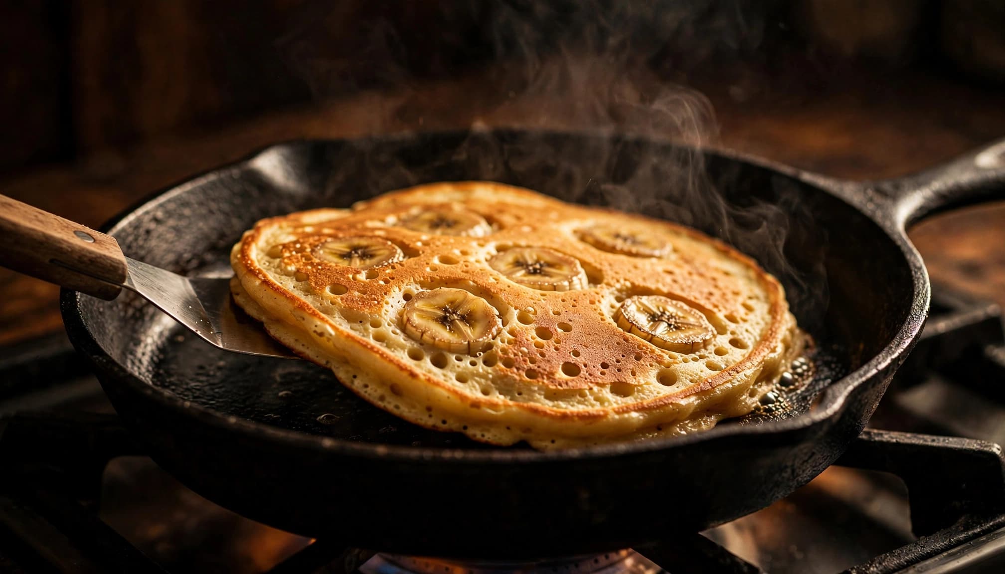 A golden banana pancake is being flipped in a cast-iron skillet.