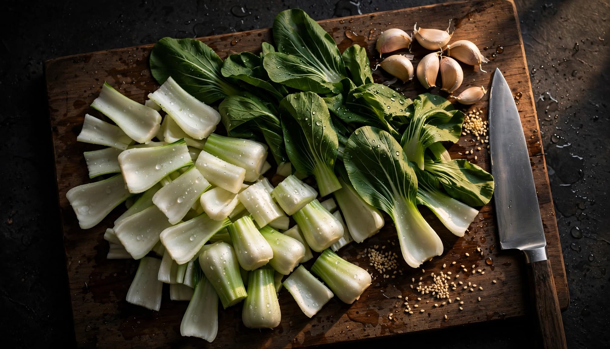 Bok choy stems and leaves with garlic, sesame seeds, and a knife on a cutting board.