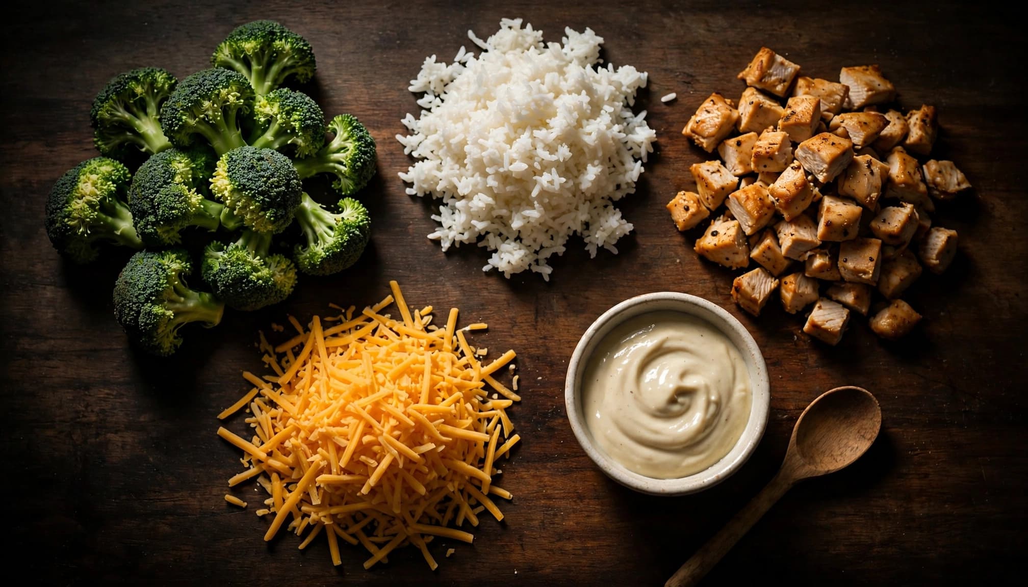 Broccoli, rice, chicken, cheddar, and creamy sauce arranged separately on a dark wooden surface.