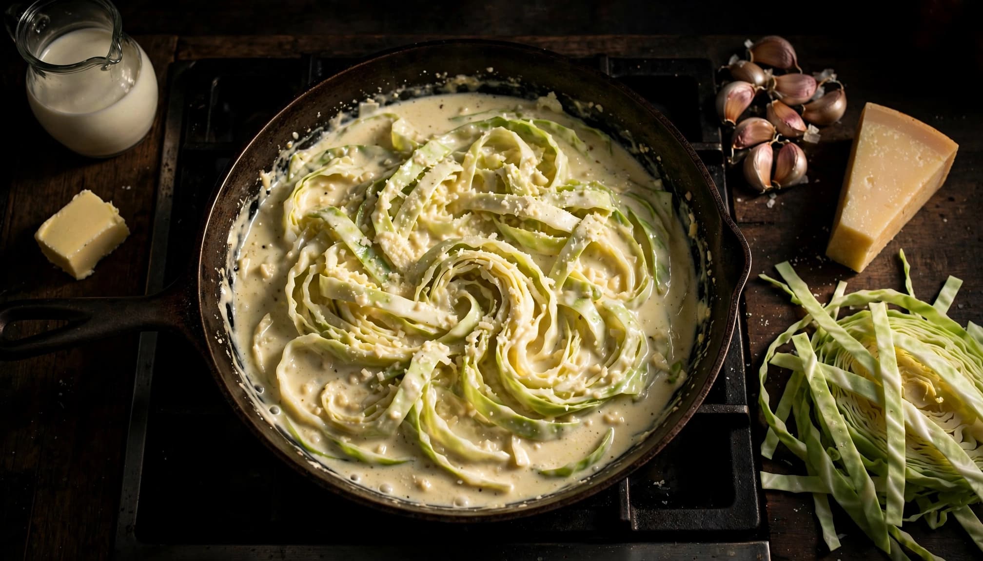 Cabbage ribbons fold into creamy garlic Parmesan sauce in a skillet.