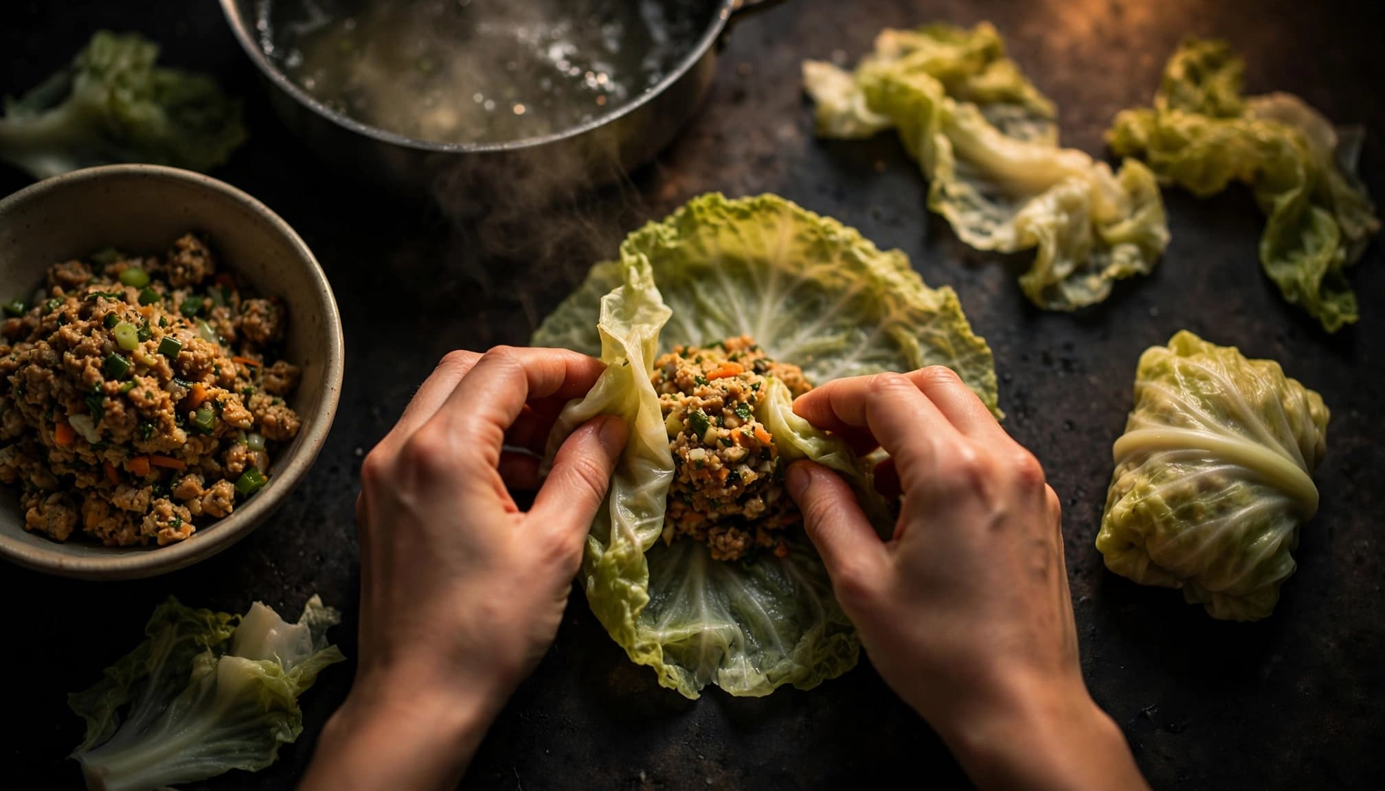 Hands folding cabbage leaves around filling beside a finished dumpling.