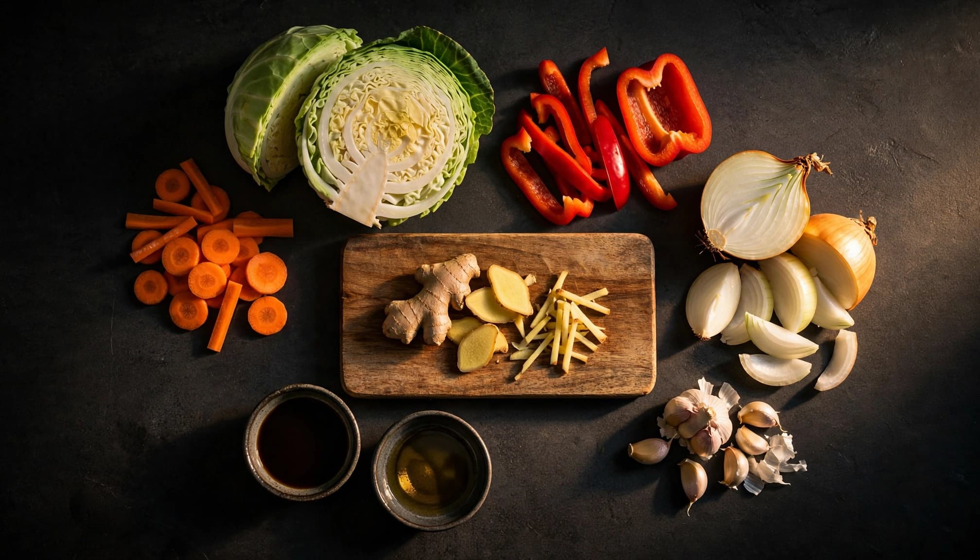 Fresh stir-fry vegetables and sauces arranged around a wooden cutting board.
