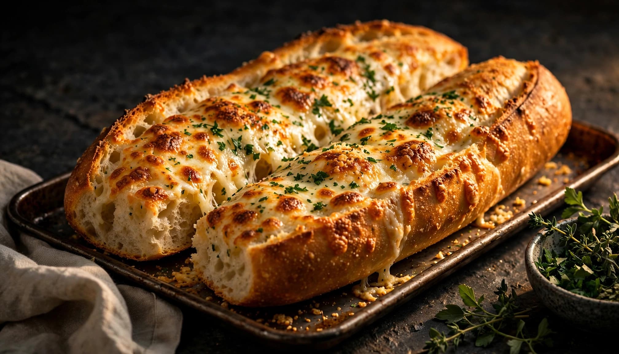 A split cheesy garlic bread loaf topped with browned cheese and parsley on a tray.