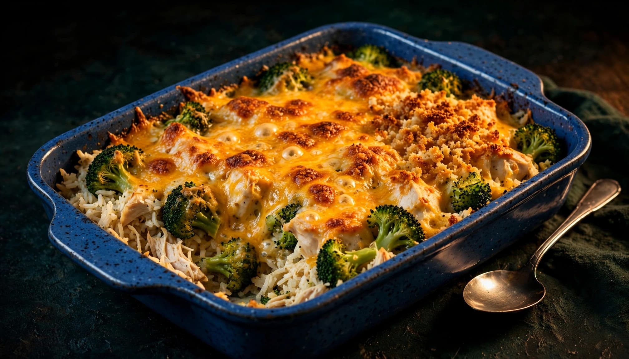 Chicken broccoli rice casserole with melted cheddar in a blue baking dish.