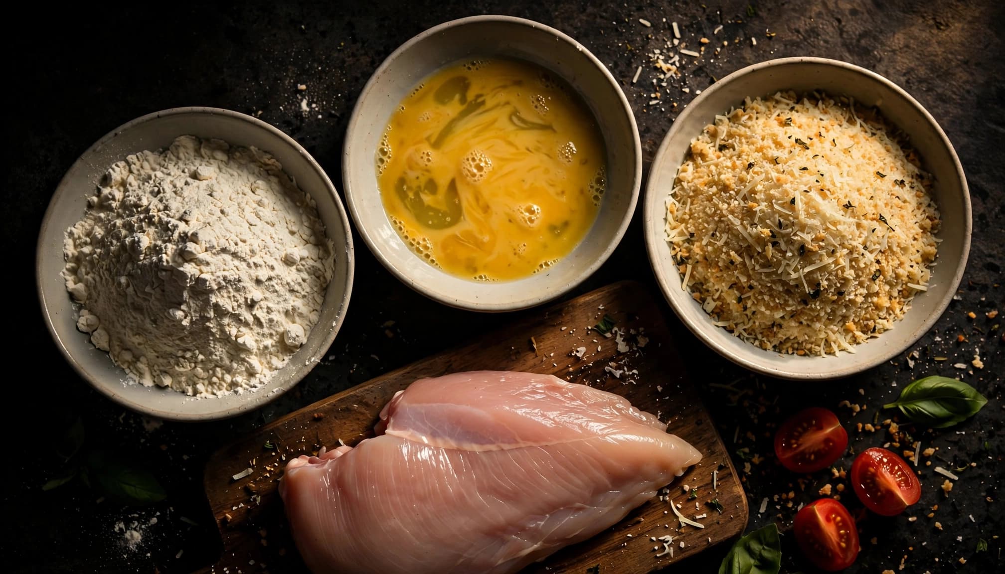 Bowls of flour, egg, and seasoned breadcrumbs beside a raw chicken cutlet.
