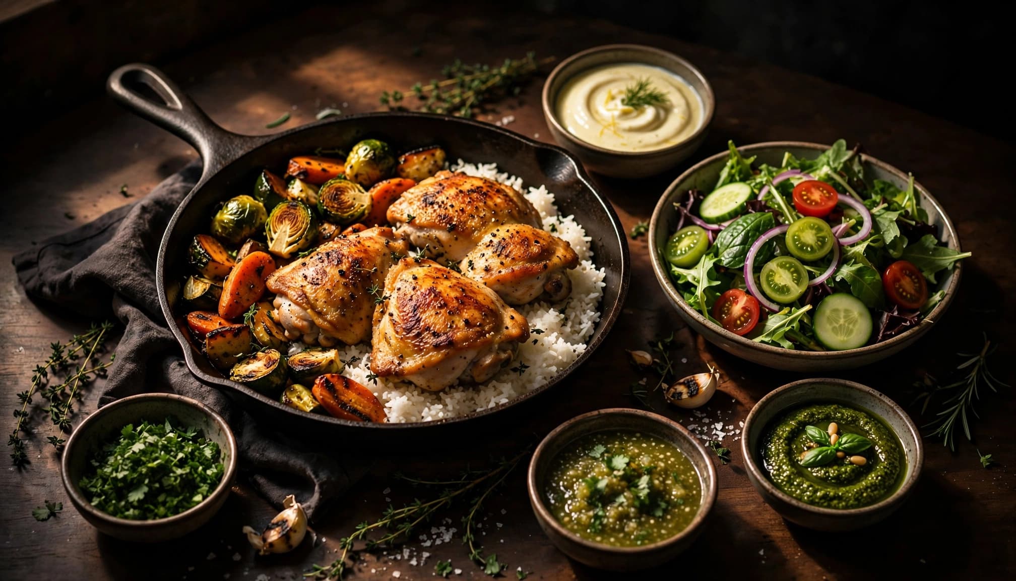 Skillet chicken with rice, vegetables, salad, sauces, and herbs on a warmly lit table.