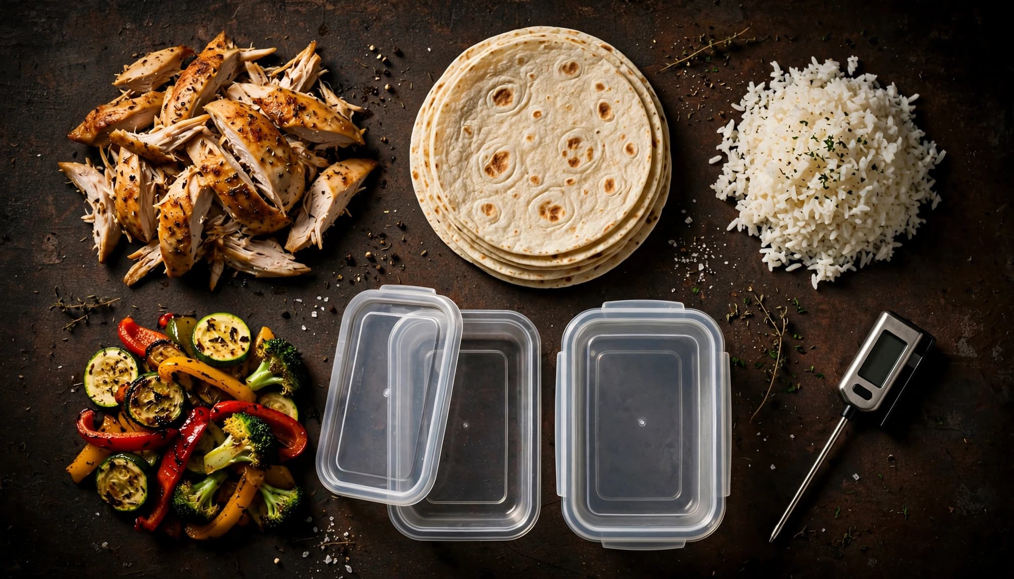 Chicken, tortillas, rice, vegetables, containers, and a thermometer arranged on a dark kitchen surface.