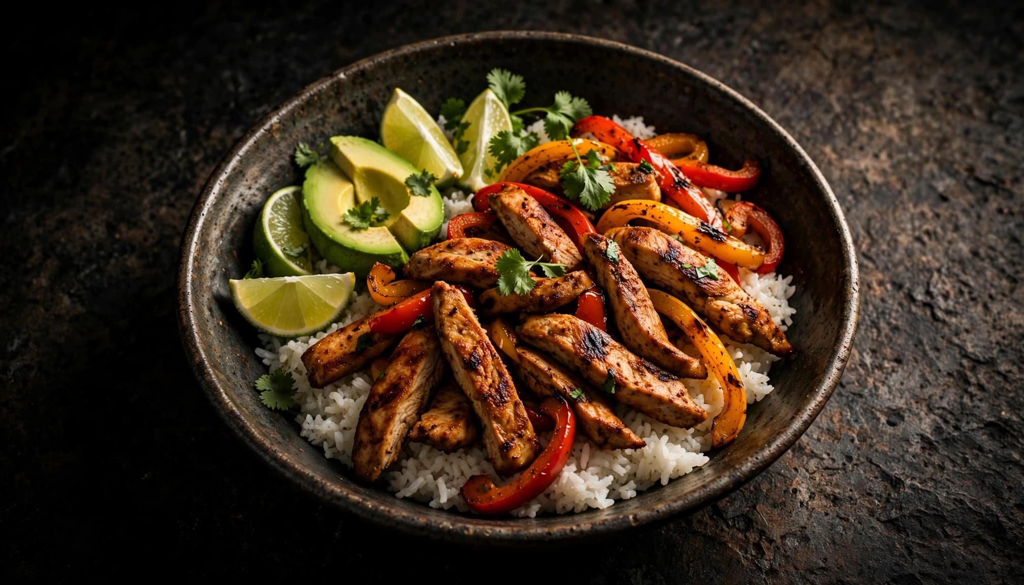 Chicken, colorful peppers, rice, avocado, lime, and cilantro arranged in a bowl.