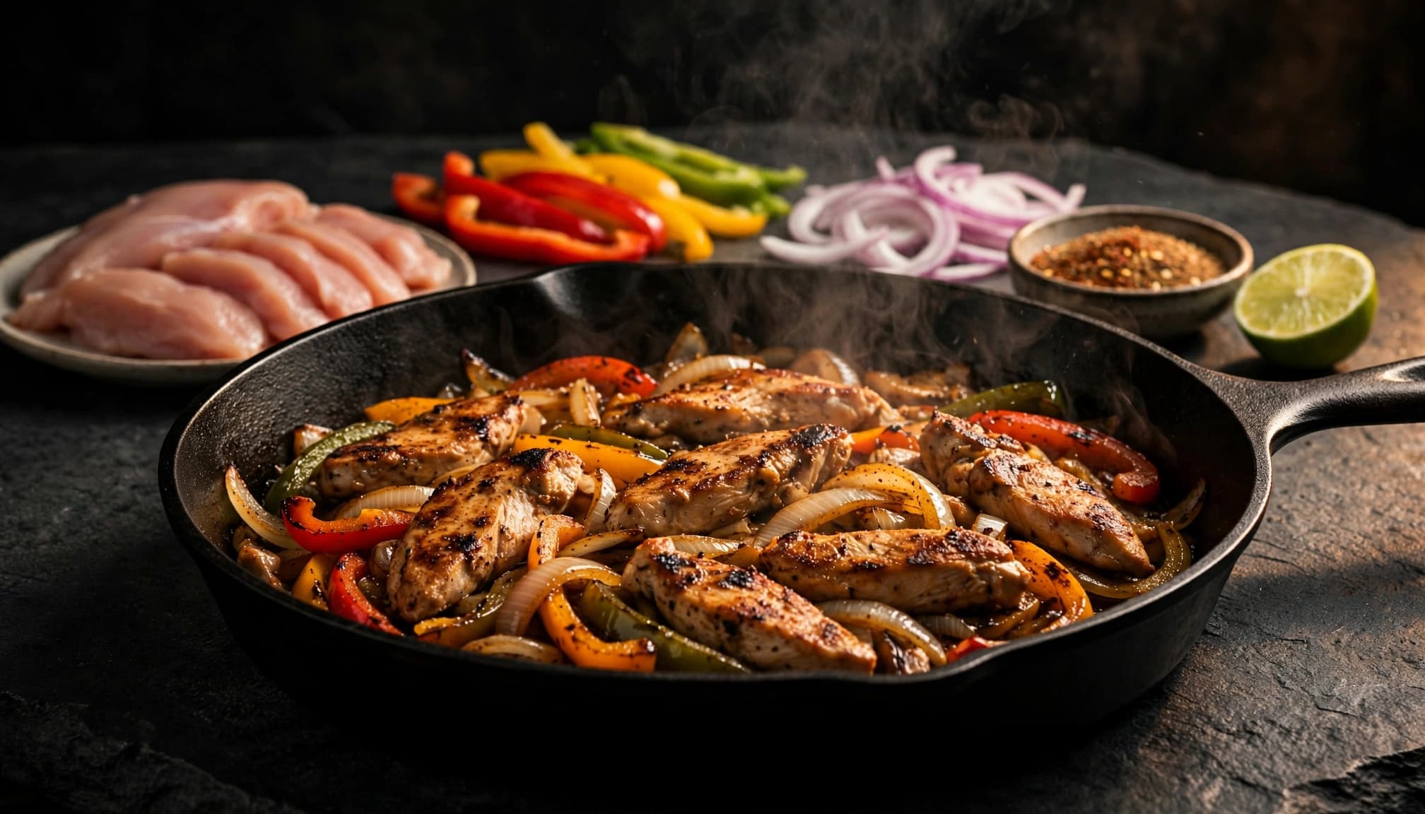 Browned chicken, peppers, and onions cook in a skillet beside the prep ingredients.