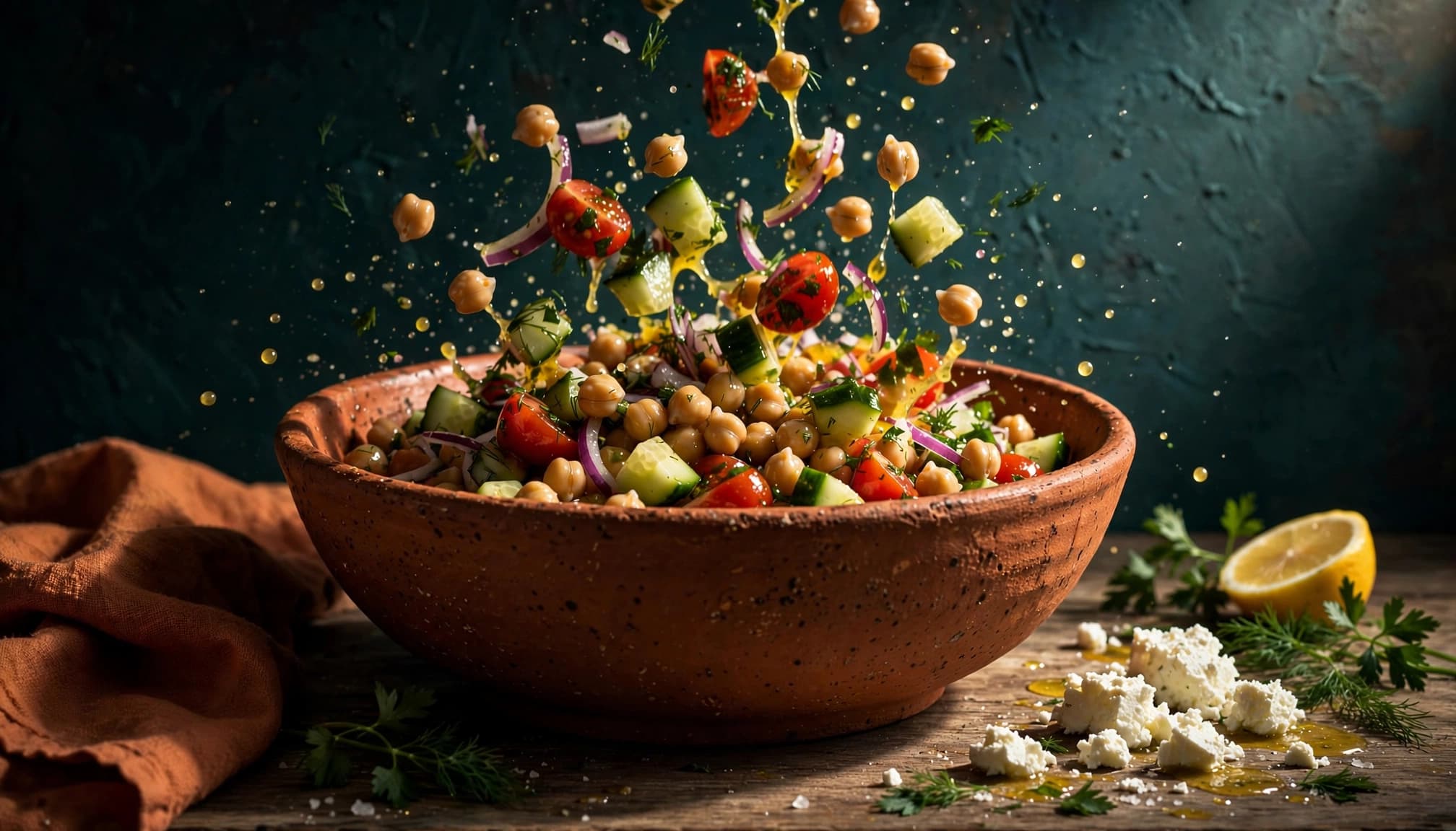 Chickpeas and chopped vegetables are tossed in a bowl with feta and herbs nearby.