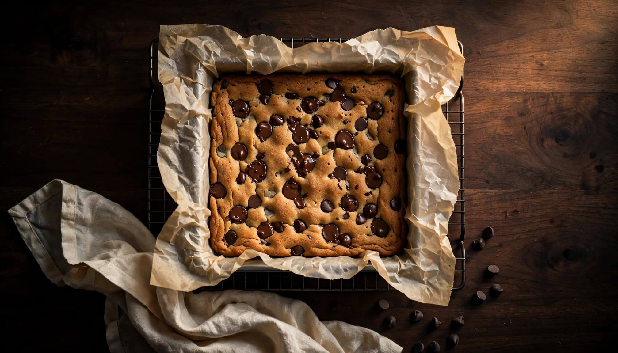 Uncut chocolate chip cookie bars cool in a parchment-lined pan on a dark countertop.