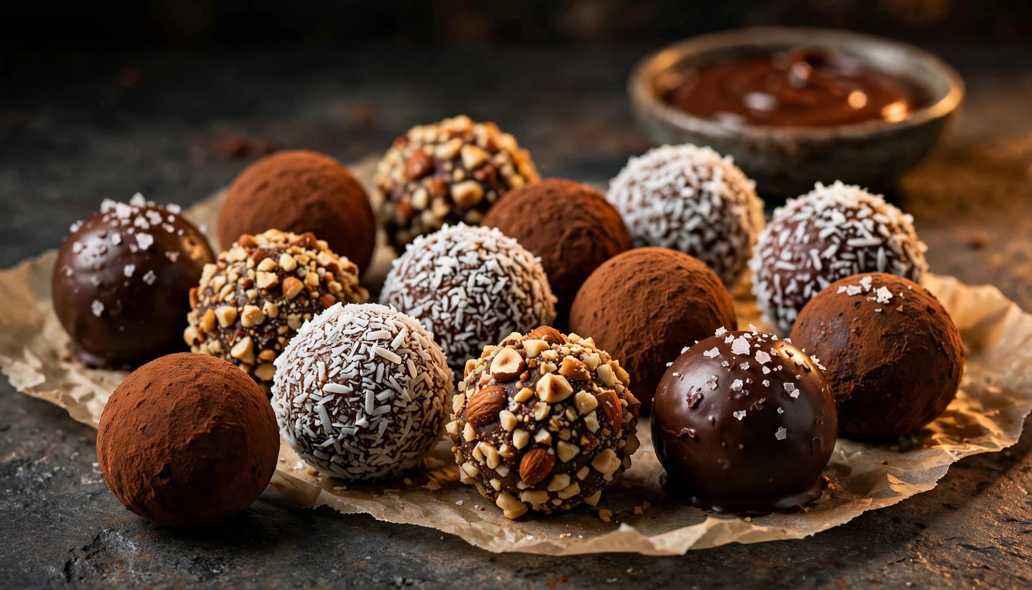 Twelve chocolate truffles with varied coatings sit on a parchment-lined tray beside ganache.