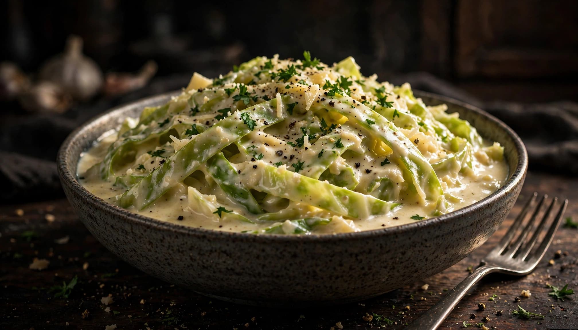 A bowl of creamy cabbage Alfredo topped with parsley and black pepper.