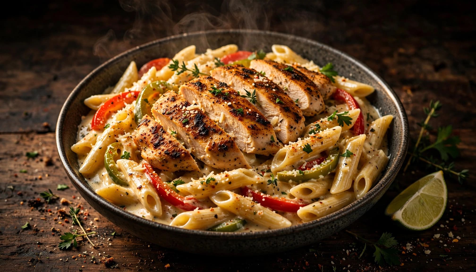 Creamy Cajun penne with sliced chicken, peppers, herbs, and a lime wedge.
