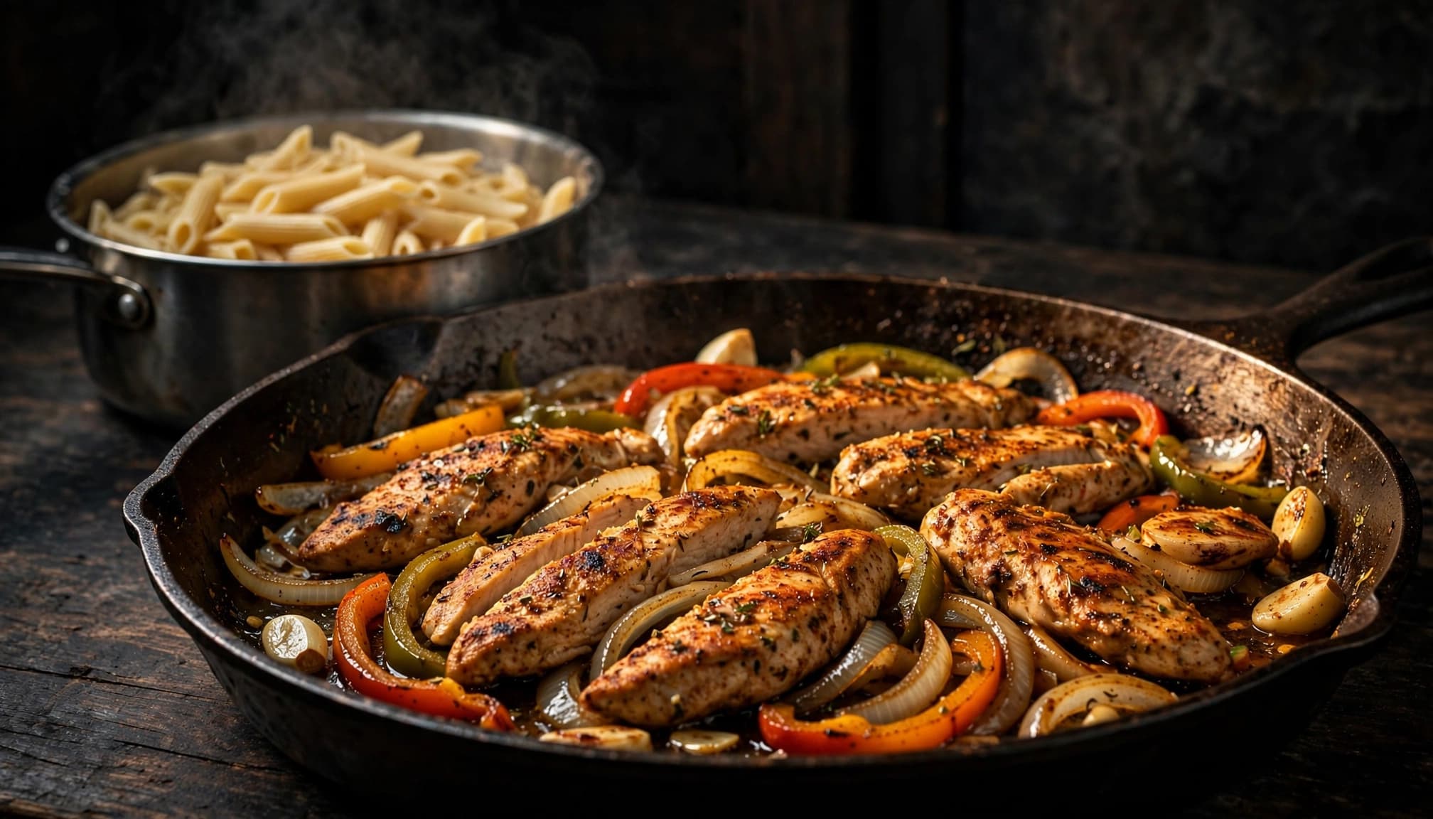 Browned chicken and vegetables cook in a skillet beside a pot of penne pasta.