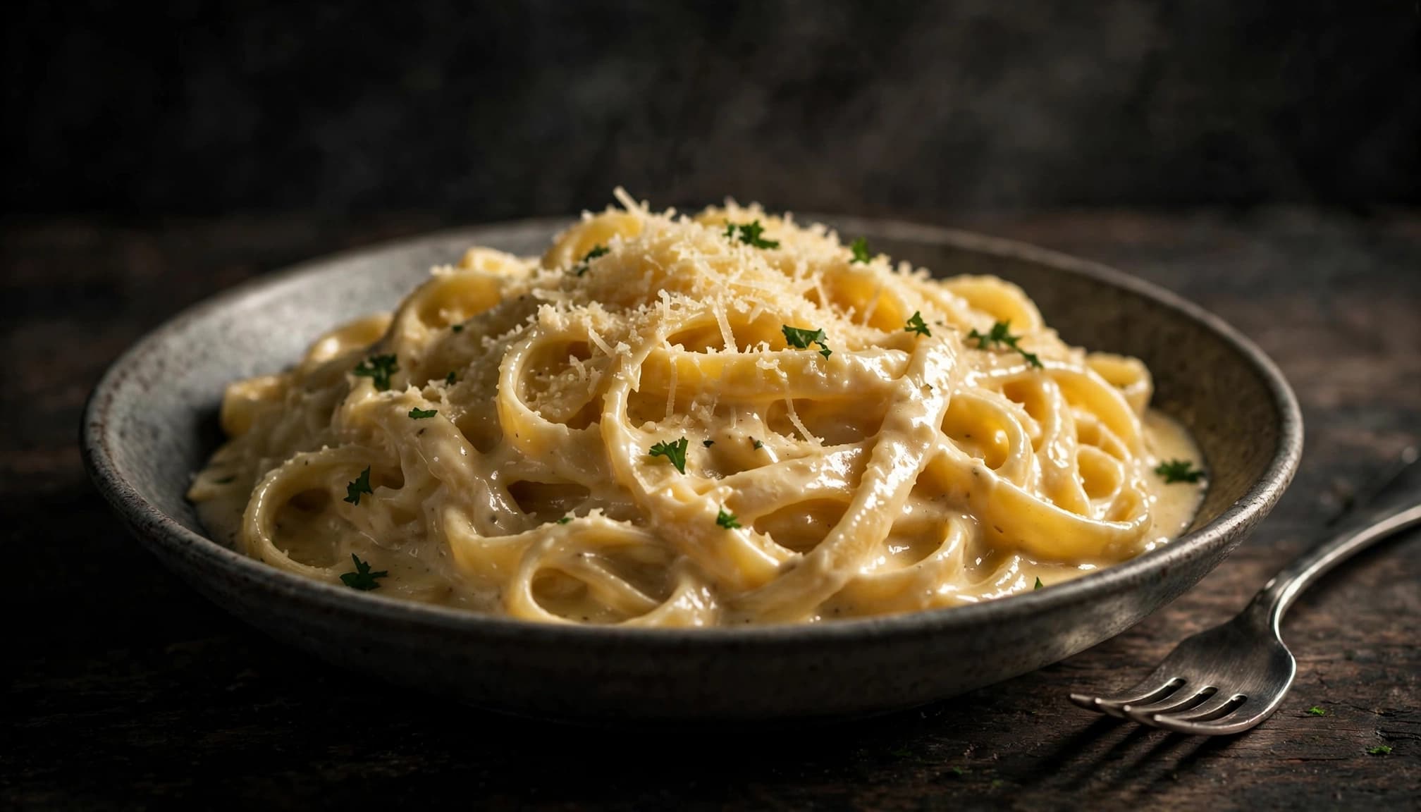 A bowl of creamy Parmesan fettuccine with parsley and a fork beside it.