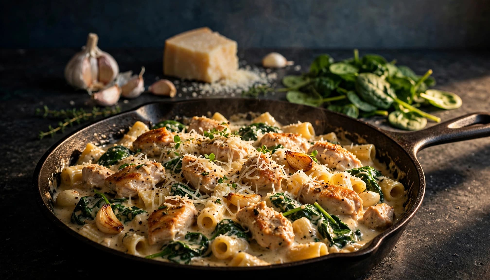 Creamy Parmesan chicken pasta with spinach and garlic in a skillet.