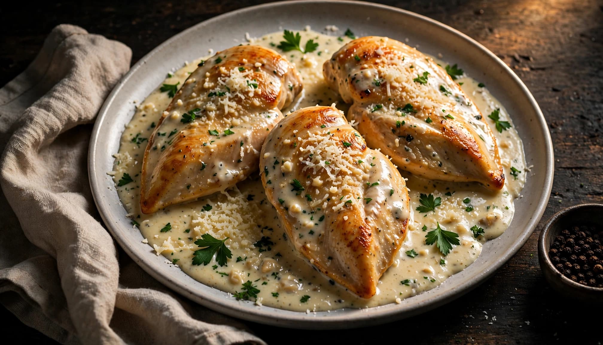 Golden chicken breasts in creamy Parmesan sauce, topped with parsley and grated cheese.