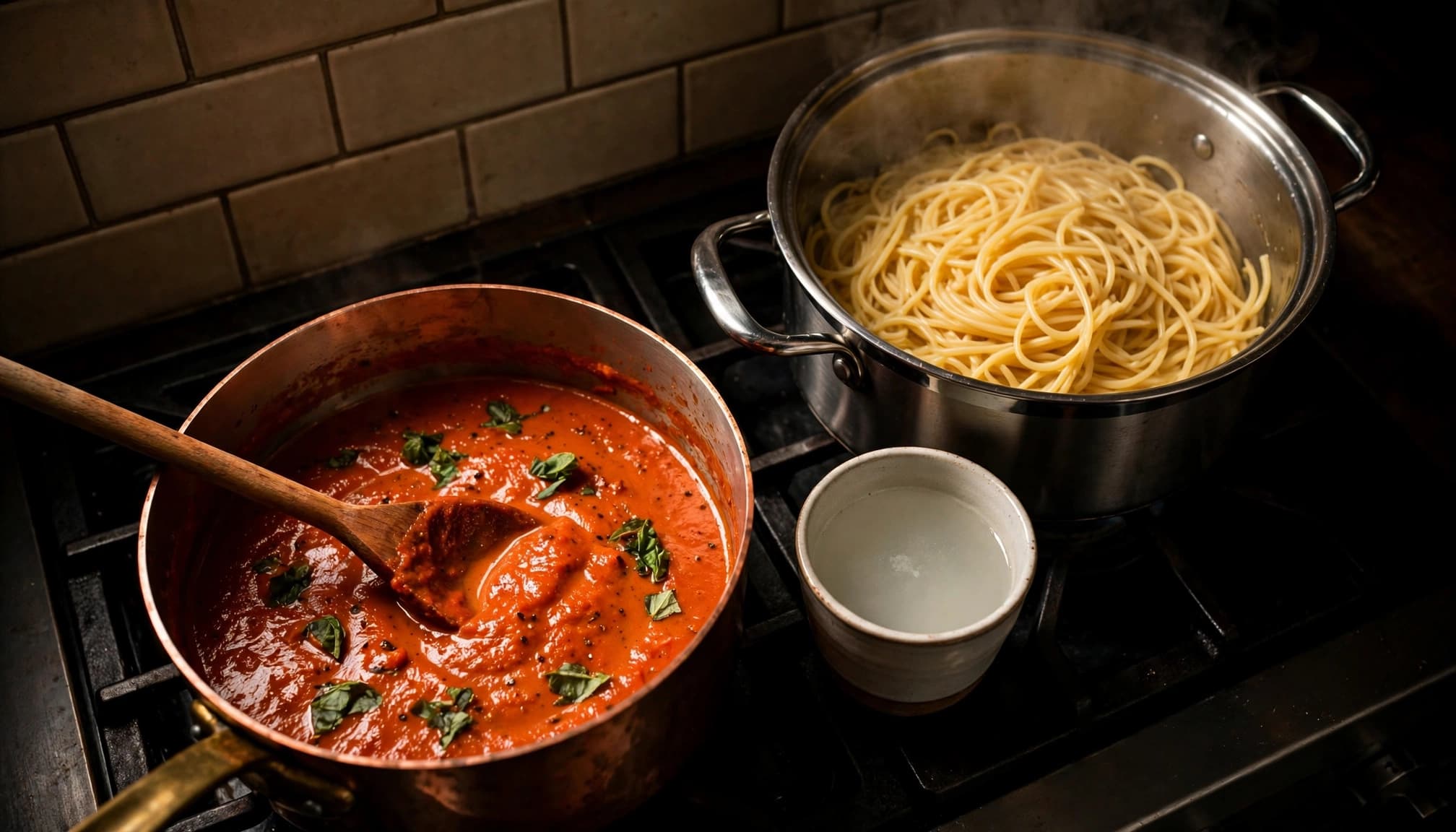 Creamy tomato sauce beside a pot of pasta, spoon, and reserved cooking water.