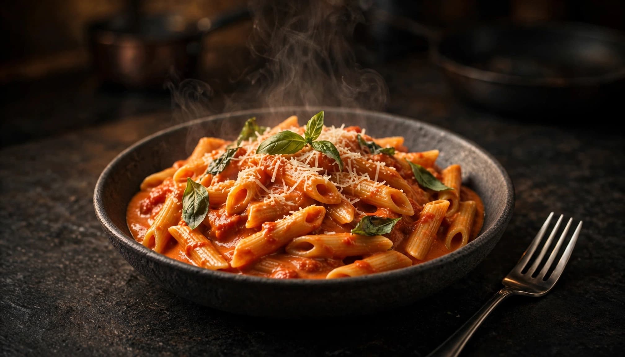 A bowl of creamy tomato penne topped with Parmesan and basil beside a fork.