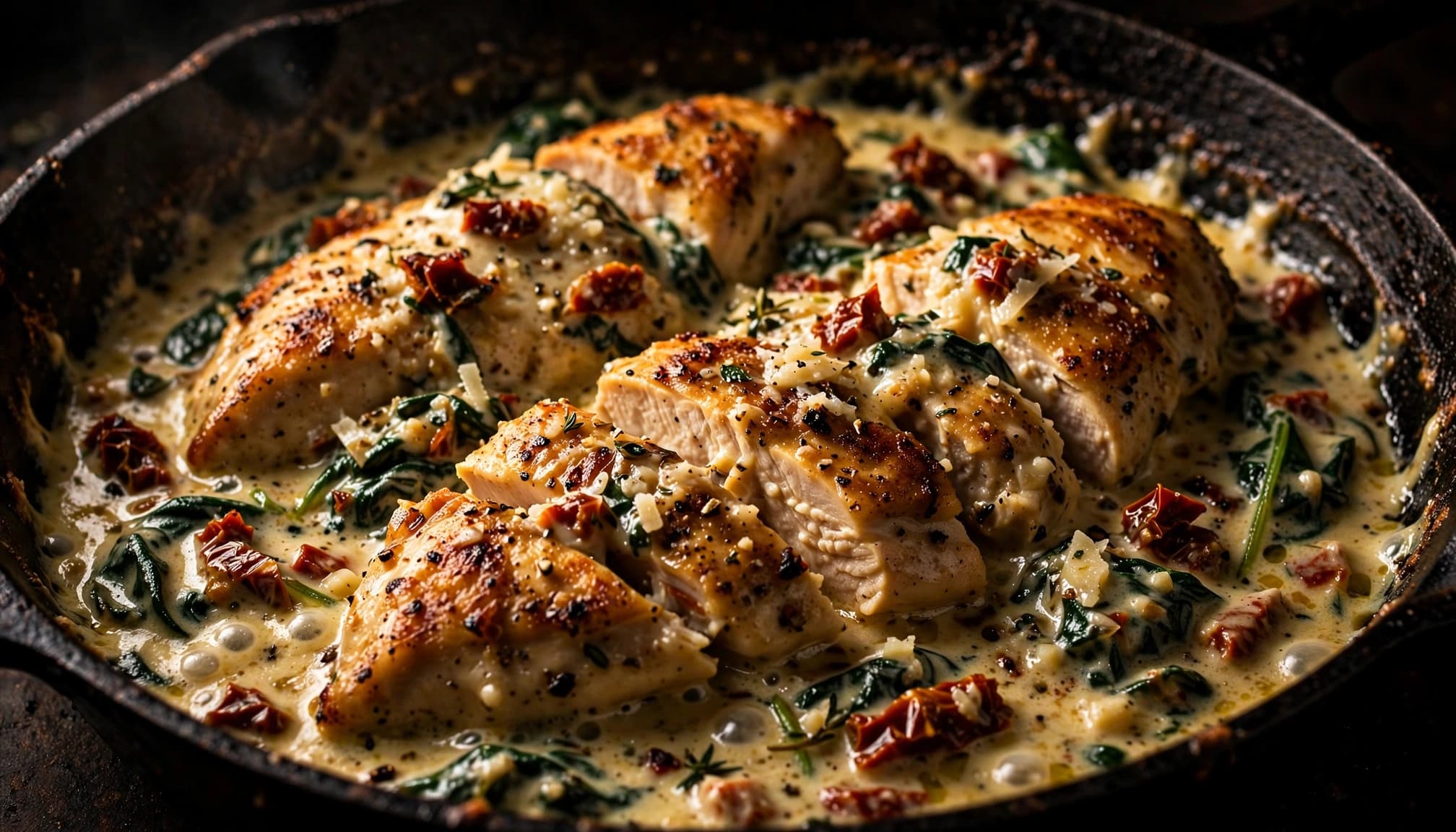 Golden chicken pieces in creamy Parmesan sauce with spinach and sun-dried tomatoes.