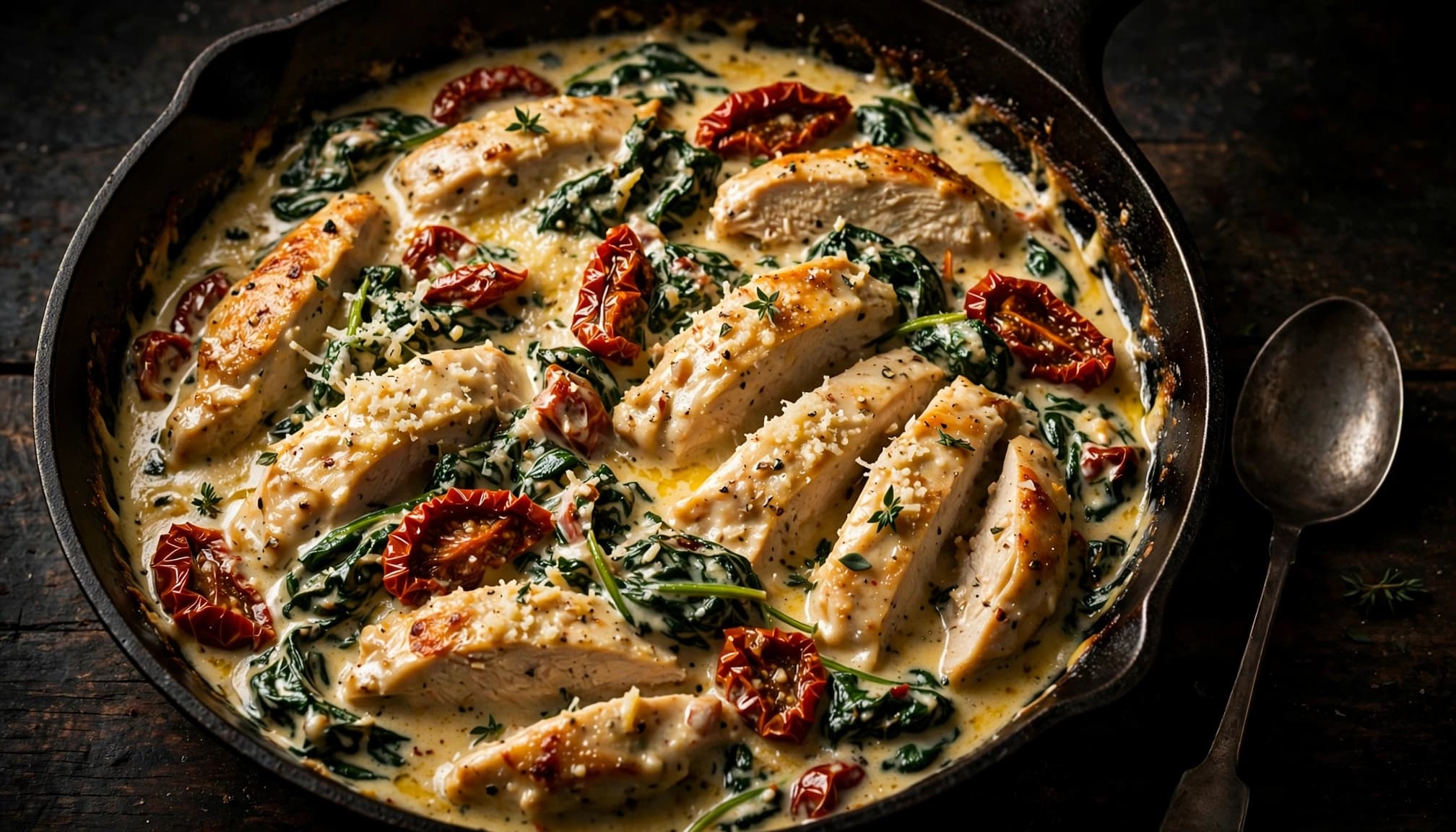 Skillet of creamy chicken with spinach and sun-dried tomatoes on a dark table.