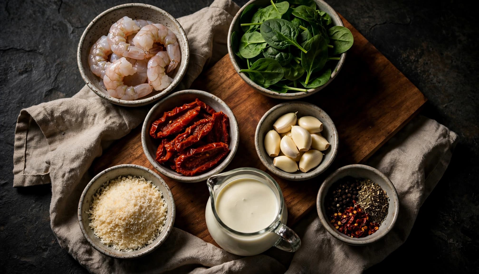 Bowls of shrimp, spinach, tomatoes, garlic, Parmesan, cream, and seasonings on a dark counter.