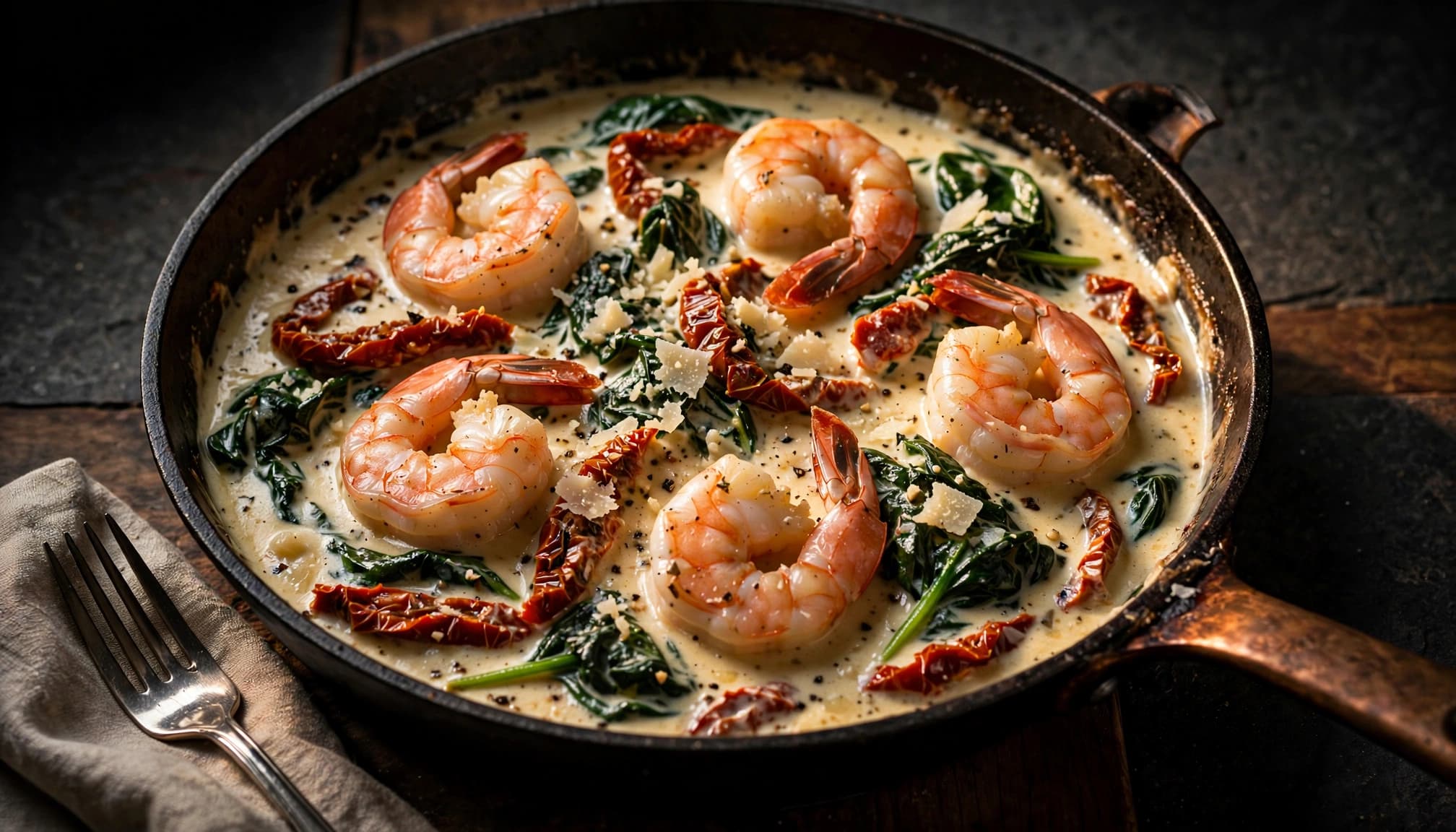 Pink shrimp, spinach, and sun-dried tomatoes in a creamy skillet beside a fork and linen.