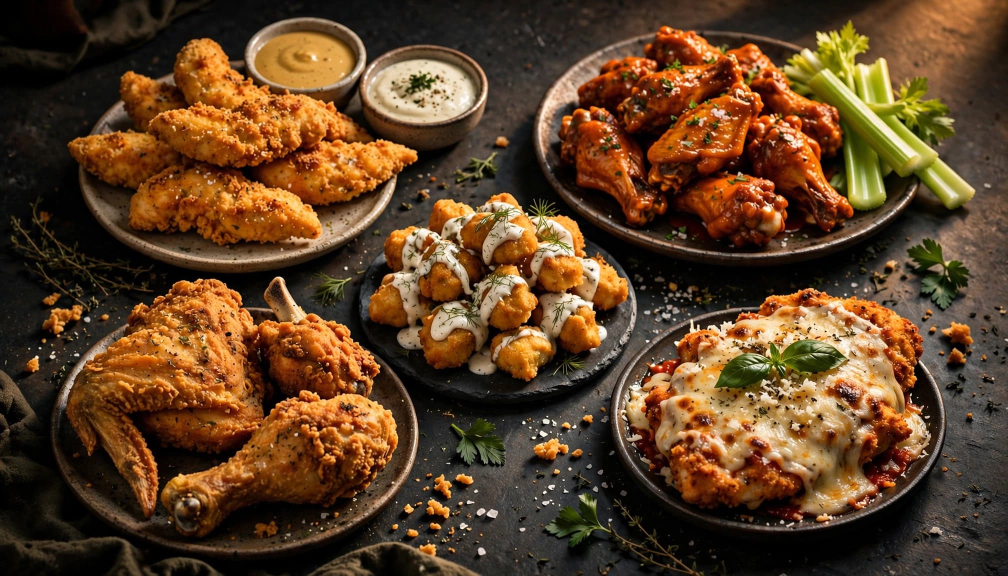 Five crispy chicken dishes arranged on a dark surface with sauces, celery, and melted cheese.