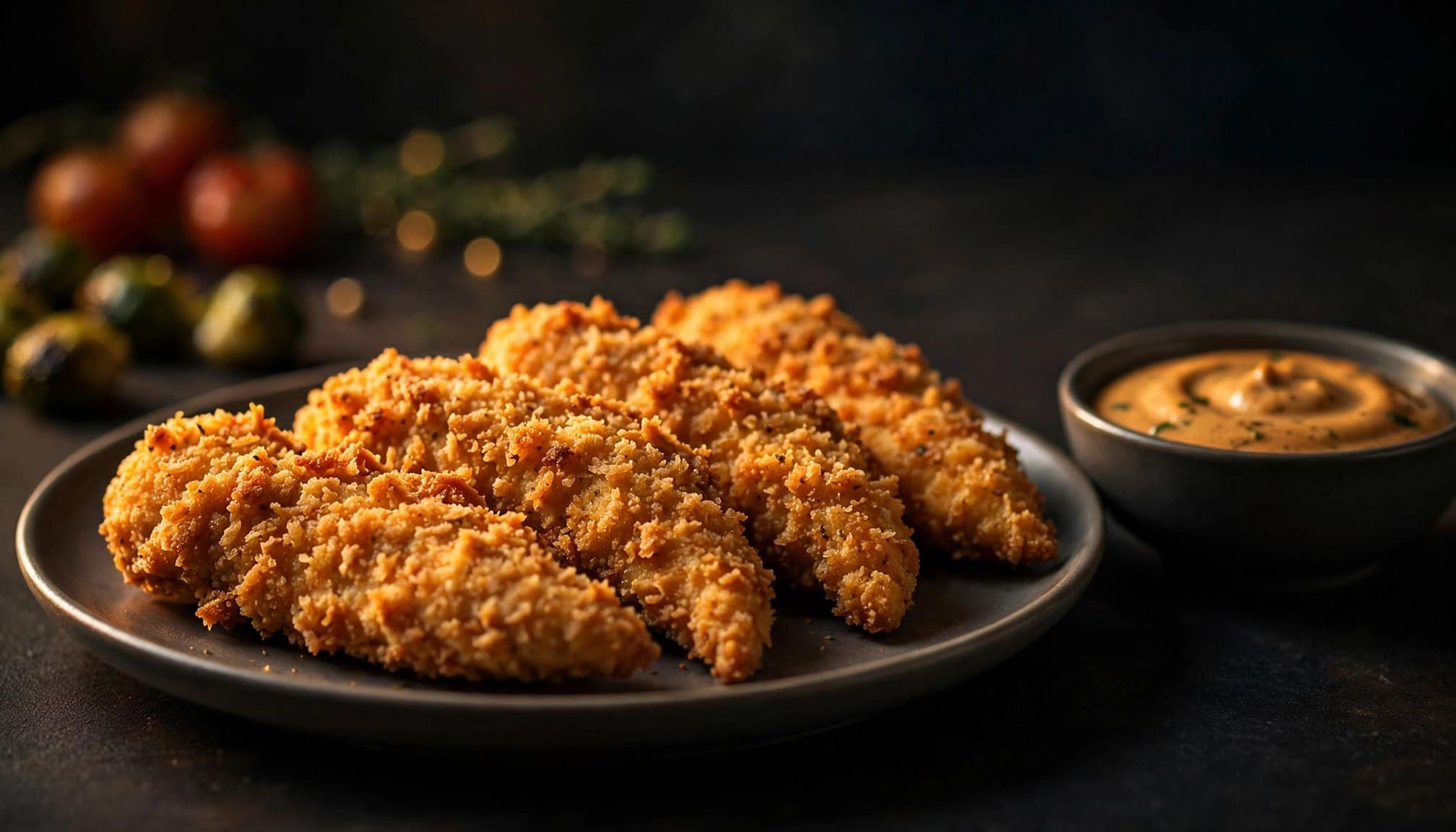 Crispy chicken tenders on a plate with a bowl of dipping sauce.