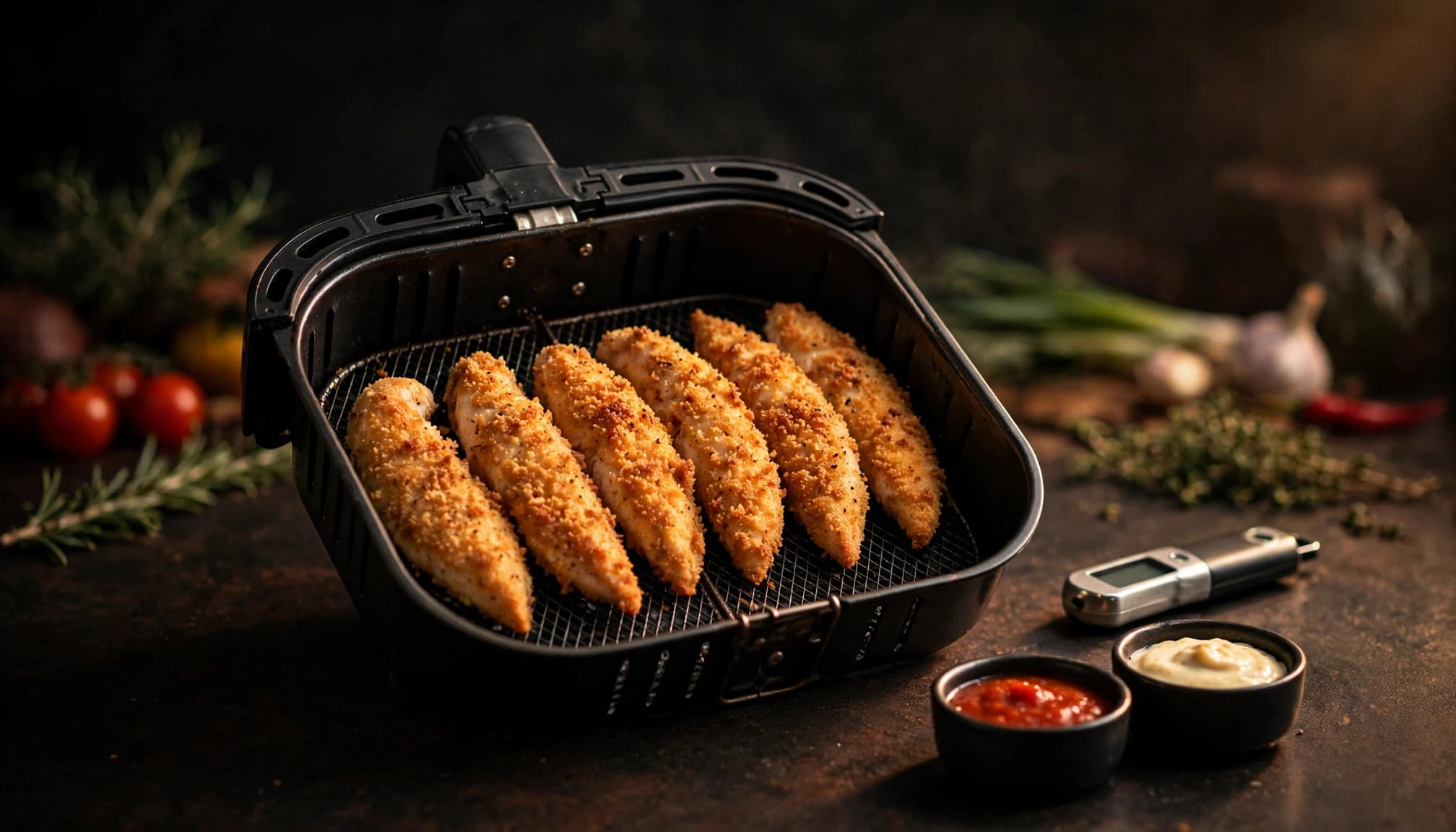 Basket of crisp chicken tenders beside a thermometer and dipping sauces on a dark counter.