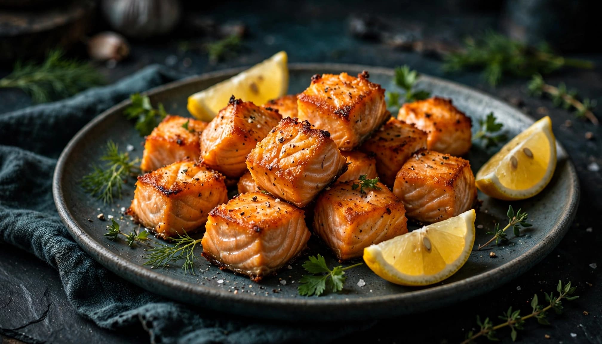 Golden salmon bites on a ceramic plate with lemon wedges and fresh herbs.