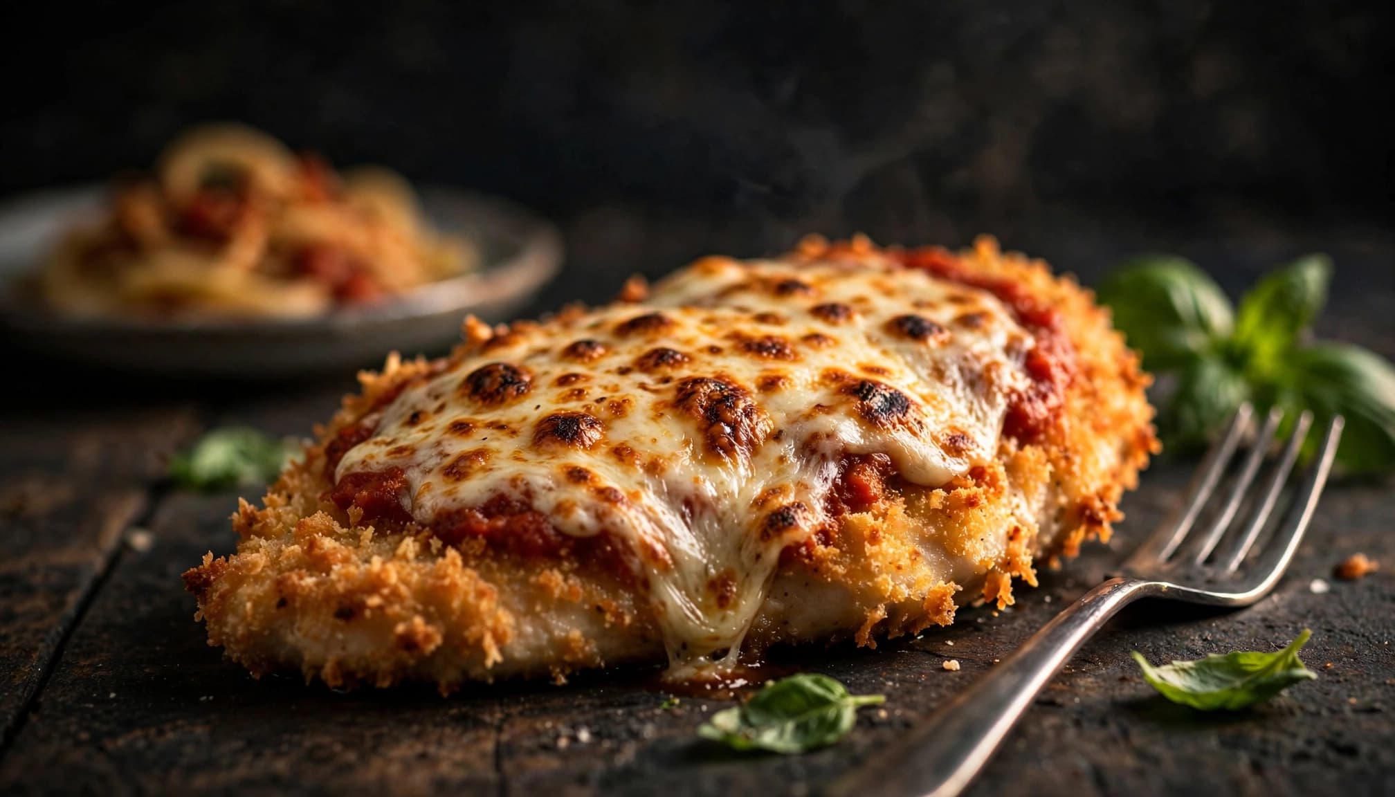 A cheesy chicken cutlet with marinara and basil on a dark table.