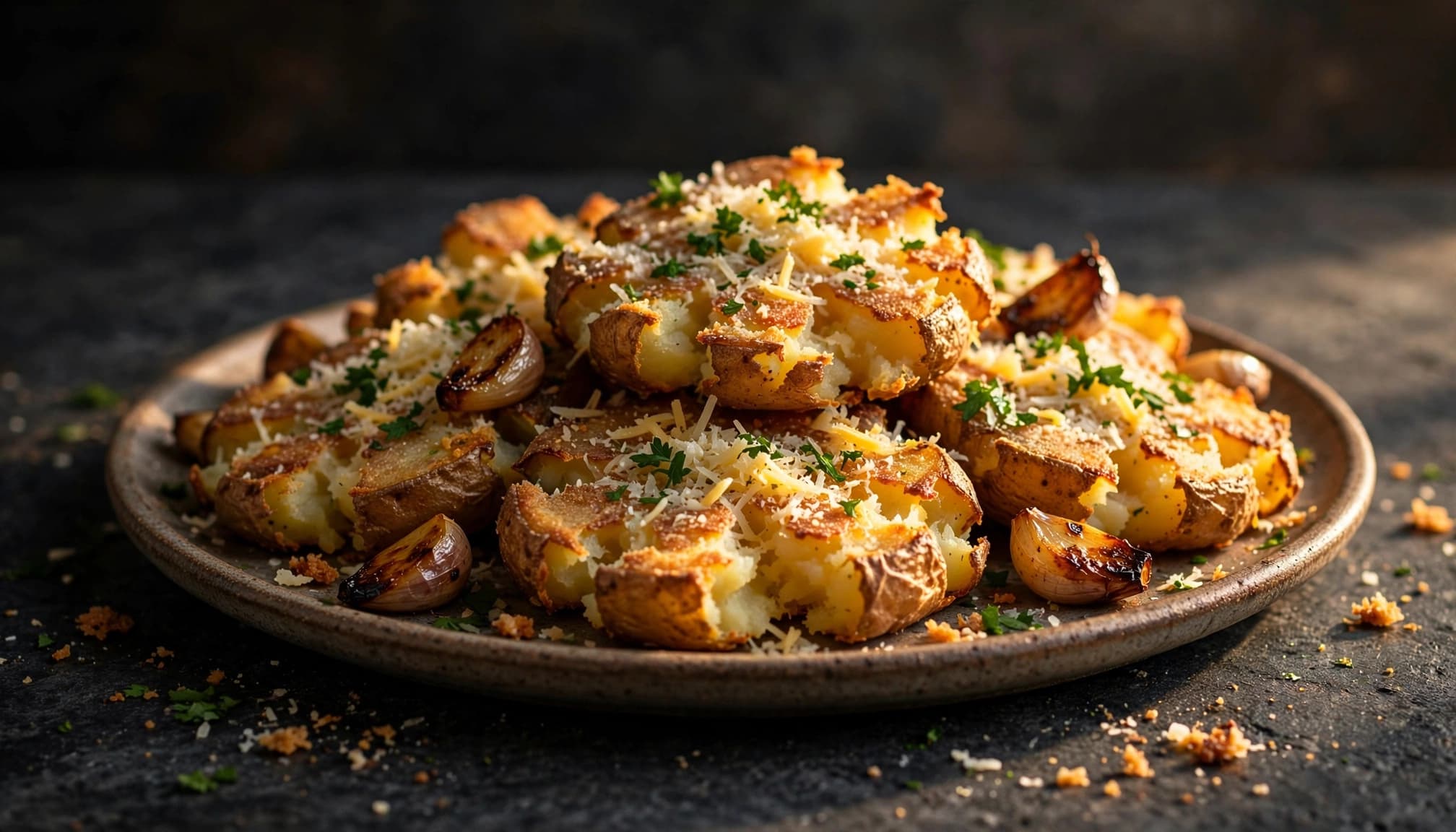 Crispy golden potatoes topped with Parmesan, parsley, and roasted garlic on a dark platter.