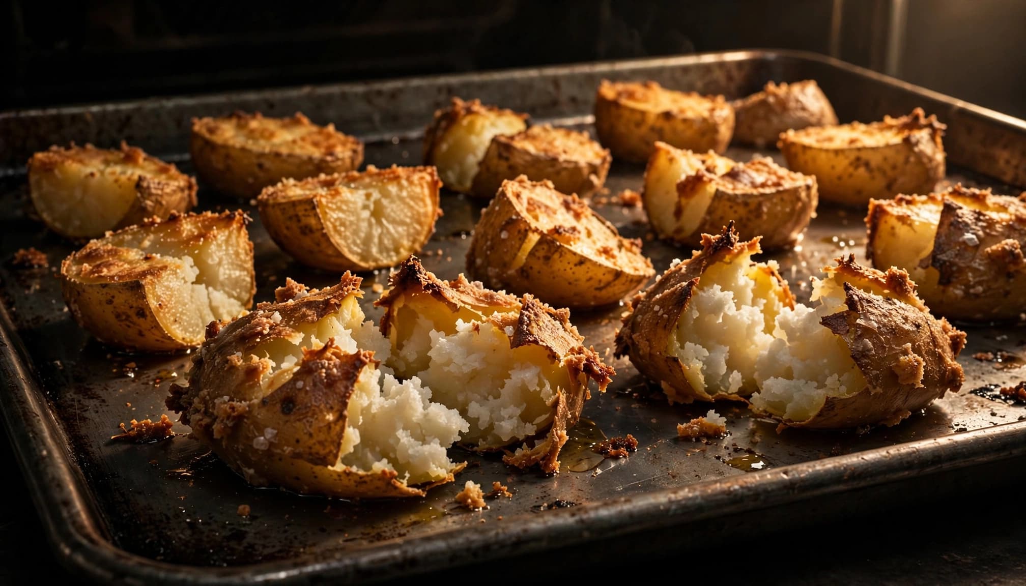 Roasted potato pieces with crisp edges sit spaced on a metal sheet pan.