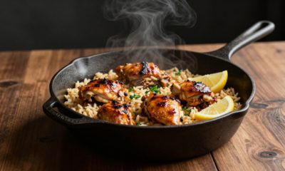 Golden chicken thighs and creamy rice sit in a cast-iron skillet with lemon wedges.