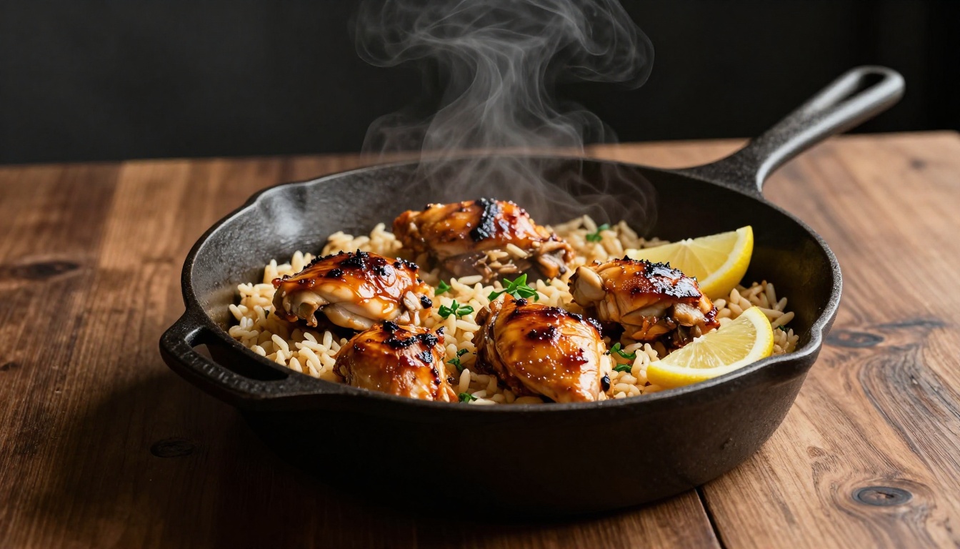 Golden chicken thighs and creamy rice sit in a cast-iron skillet with lemon wedges.