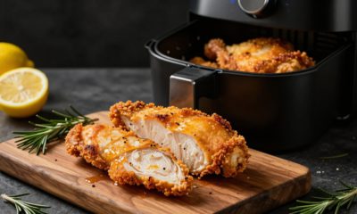 Sliced crispy chicken breast with lemon, rosemary, and an open air fryer basket.