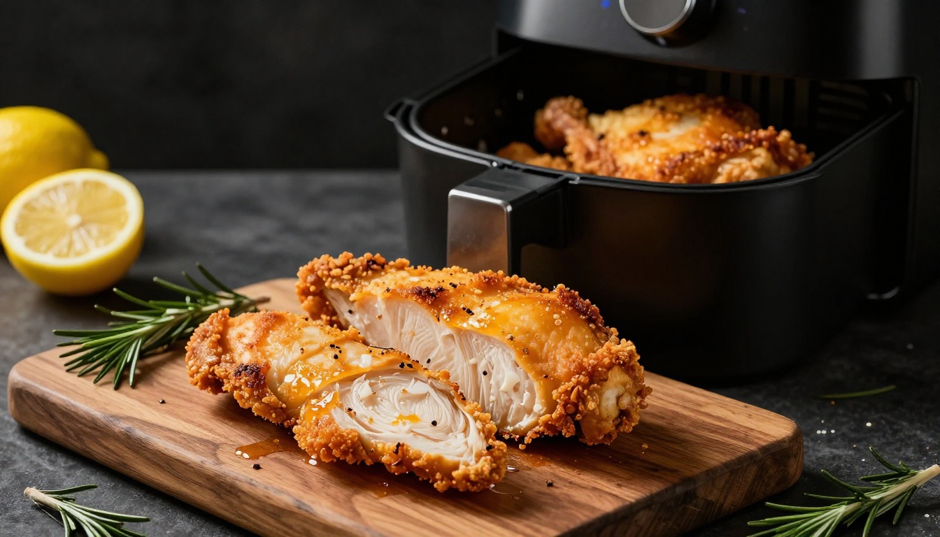 Sliced crispy chicken breast with lemon, rosemary, and an open air fryer basket.