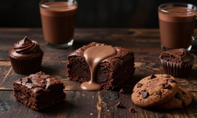 Assorted chocolate desserts and cocoa mugs arranged on a dark wooden table.