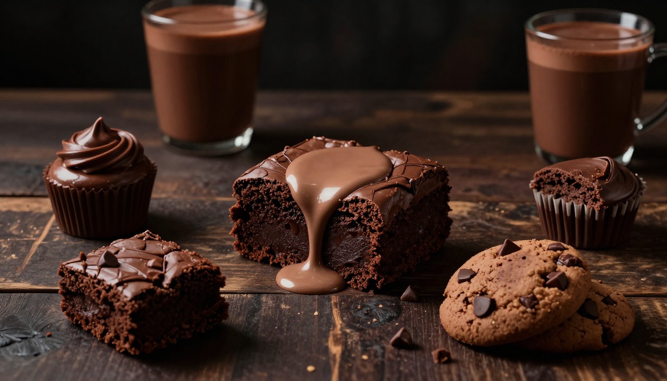 Assorted chocolate desserts and cocoa mugs arranged on a dark wooden table.