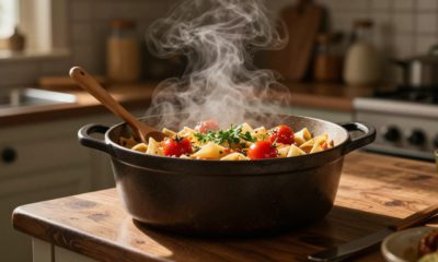 Steaming pasta with tomatoes and herbs in a cast-iron Dutch oven.