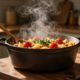 Steaming pasta with tomatoes and herbs in a cast-iron Dutch oven.